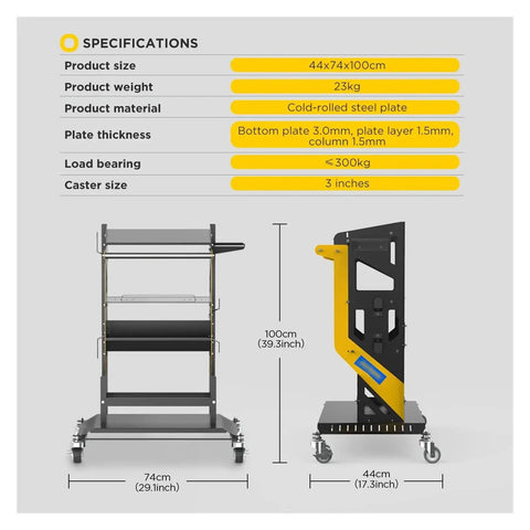 Three Tier Rolling Tool Cart On Wheels With Lockable Casters Heavy Duty Workshop Toolbox Storage Grab And Go Mobile Car Repair Organizer Spacious Garage Tool Organizer specifications image showing size and materials.