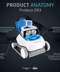 Proteus DX3 Automatic Robotic Pool Vacuum Cleaner With Wall Climbing And Active Scrubber Brush For In Ground Pools Up To 33 Ft Now With Smart Navigation For Easy No Sweat Cleaning Of All Surfaces, shown with top load filter and ergonomic handle