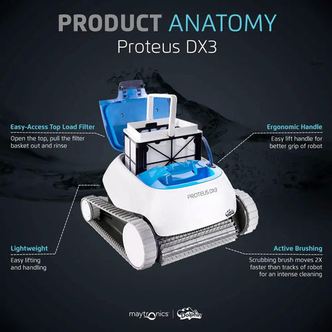 Proteus DX3 Automatic Robotic Pool Vacuum Cleaner With Wall Climbing And Active Scrubber Brush For In Ground Pools Up To 33 Ft Now With Smart Navigation For Easy No Sweat Cleaning Of All Surfaces, shown with top load filter and ergonomic handle