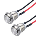 Two Pack 12mm Momentary Metal Waterproof Push Button Switch With Raised Head Half Inch Mounting Hole Pre Soldered Cable 250V 2A 1NO