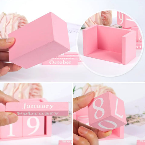 Pink Decor Wooden Desk Calendar Blocks, compact 9.4x4.2x5.2 cm, close-up of pink blocks for office with months and numbers.