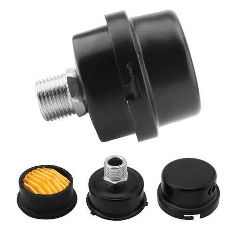 2 Pack Portable Air Compressor Mufflers Kit With Half Inch Threaded Inlet Silencers Includes 4 Filter Elements And Teflon Tape