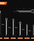 Assorted 304 stainless cotter pins in six sizes: M4x60mm, M3.2x40mm, M2.5x40mm, M3.2x30mm, M2.5x25mm, M1.6x25mm.
