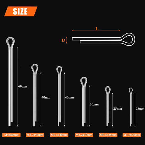 Assorted 304 stainless cotter pins in six sizes: M4x60mm, M3.2x40mm, M2.5x40mm, M3.2x30mm, M2.5x25mm, M1.6x25mm.