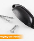 Antique Black Cabinet Cup Pull Handles 3.5 Inch Hole Centers with screws, Vintage Shell Pulls made of rust-resistant zinc alloy.