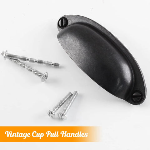 Antique Black Cabinet Cup Pull Handles 3.5 Inch Hole Centers with screws, Vintage Shell Pulls made of rust-resistant zinc alloy.