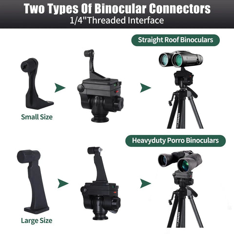 74 Inch Binocular Tripod With Adapter For Spotting Scope supports roof and porro binoculars with small and large connectors.