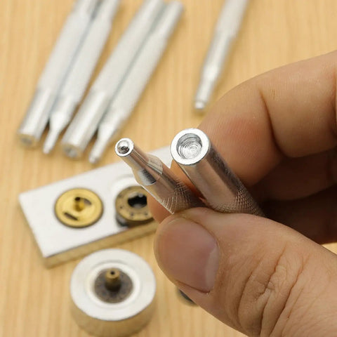 Close-up of 7 Pack Leather Rivet Setter Tools Kit for Leathercraft with die punch and rivet setting tools.