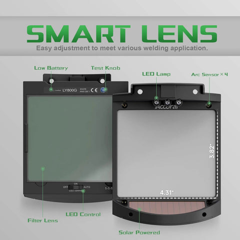 Front view of Panoramic Auto Darkening Welding Helmet with solar powered operation and 4 arc sensors, 4.31 x 3.82 in screen.
