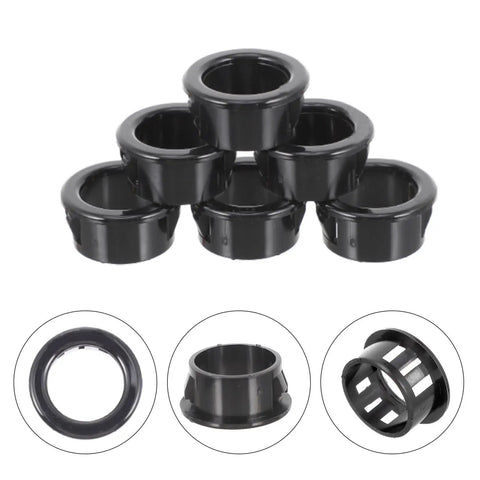 200 Pcs Nylon Cable Bushing Grommets Snap In Wire Protector Kit For Network Distribution Boxes And Office Setup Black Heavy Duty Wear Resistant Gear To Keep Cables Safe And Neat, black nylon grommets shown stacked and in detail