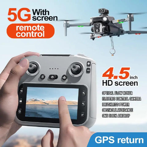 Close-up of a GPS Drone With 4.5 Inch Screen Controller And Aerial Delivery Airdrop, showing screen and remote controls.