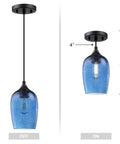 Image of one pendant light from the Three Pack Pendant Lights Set for Kitchen Island Hand Blown Seeded Blue Glass Shades in Black Finish.