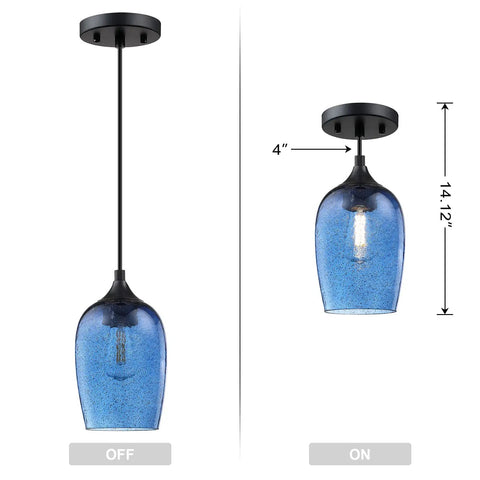 Image of one pendant light from the Three Pack Pendant Lights Set for Kitchen Island Hand Blown Seeded Blue Glass Shades in Black Finish.