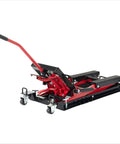 Front view of Motorcycle Lift Jack With Wheels 1500 Lbs Hydraulic Dirt Bike Scissor Lift With Handle And Foot Pedal Pro Grade Jack Stand.