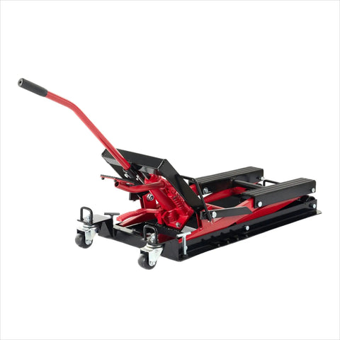 Front view of Motorcycle Lift Jack With Wheels 1500 Lbs Hydraulic Dirt Bike Scissor Lift With Handle And Foot Pedal Pro Grade Jack Stand.