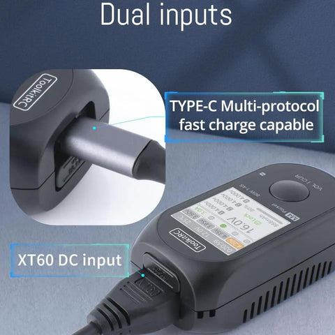 Pocket Size Ultra Compact RC Battery Charger With IPS Screen 80W 5A Portable Smart Charger showing USB-C and XT60 inputs