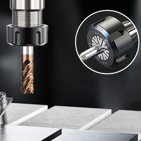 Six Pack ER32 Collet Set Includes One Eighth One Quarter Three Eighth One Half Five Eighth Three Quarter Inch Sizes For CNC Engraving Machines And Milling Lathes High Precision Spring Collet Chuck Durable Steel Snug Fit Rock Solid Hold And Easy Setup in close-up view showing steel construction and durability.