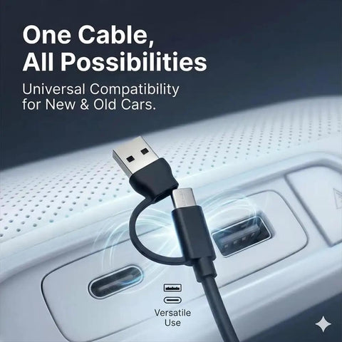 Universal USB-C and USB cable connected to car port, showcasing compatibility for new and old cars.