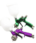Top Shelf Air Spray Paint Gun Featuring A 1.3mm And 1.5mm Dual Nozzle Setup For Slick Varnish Coating And Smooth Finish Heavy Duty Gold Bodied Tool With Extra Grip Knockout Project Essential, green and purple design.