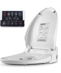 Top Shelf Smart Bidet Toilet Seat Featuring Instant Heated Cushion And Automatic Washing Functions Slick Remote Control showing control panel and seat.