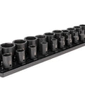 Half Inch Drive Shallow Six Point Impact Socket Set With Rails And Tray, Twenty One Piece, displayed on organizer tray, front view.