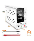 Compact white Adjustable DC Bench Power Supply 32V 6A And 30V 10A with digital display, dimensions, and cords shown