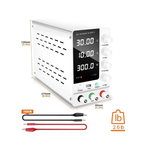 Compact white Adjustable DC Bench Power Supply 32V 6A And 30V 10A with digital display, dimensions, and cords shown