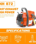 Heavy Duty Gas Chainsaw With 28 Inch Bar 71cc 5.3HP Professional Power Head For Commercial Forestry Compatible With Husqvarna 372XP High Performance Gas Powered Saw For Large Diameter Timber, side view of gas chainsaw with specifications display