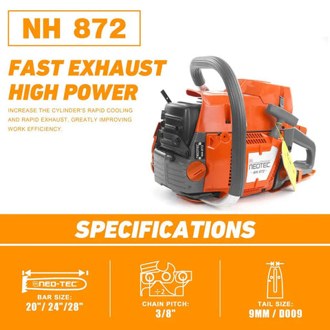 Heavy Duty Gas Chainsaw With 28 Inch Bar 71cc 5.3HP Professional Power Head For Commercial Forestry Compatible With Husqvarna 372XP High Performance Gas Powered Saw For Large Diameter Timber, side view of gas chainsaw with specifications display