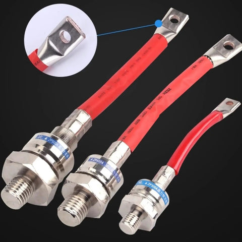 High Power Diode Stud Mount For Welding Machines Generators 1600V with red wires and brass terminal for heavy-duty applications.