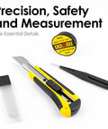 Yellow utility knife, black tweezers, insulation tape, and blade case on white background