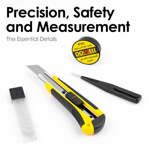 Yellow utility knife, black tweezers, insulation tape, and blade case on white background