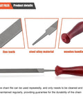 Hipa 12-pack chainsaw file set; flat file with wooden handle and steel blades, front view