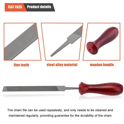 Hipa 12-pack chainsaw file set; flat file with wooden handle and steel blades, front view