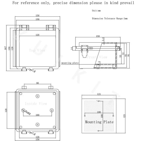 Technical drawing of IP67 Waterproof Junction Box With Hinged Clear Cover And Stainless Steel Latch Plastic Enclosure 5.9x5.9x3.5 inches