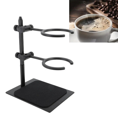 Slick Dual Tier Pour Over Coffee Stand Set With Premium Glass Carafe And Aluminum Hand Drip Brewing Rack with two circular holders.
