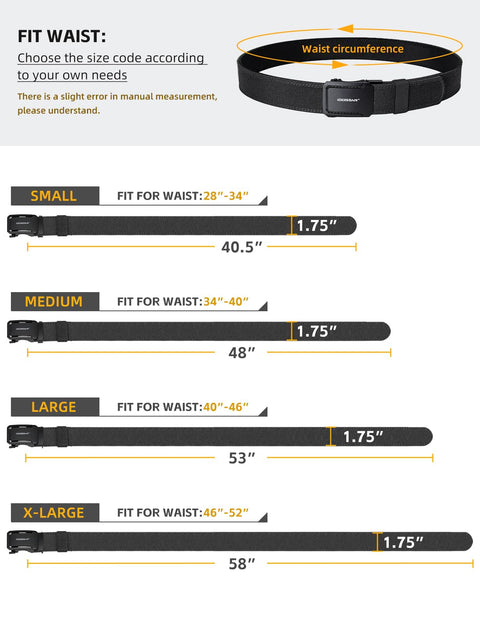 Size chart for Go-To Quick-Adjust Tactical Ratchet Belt For EDC CCW And Duty Use showing small to x-large options in inches.