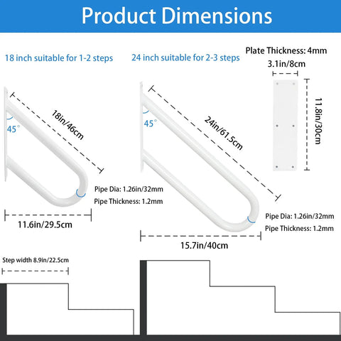 Dimensions of Solid Hold Wall Mount Handrail For Outdoor Steps With Non Slip Grip Safety Railing, suitable for 1-2 and 2-3 steps.