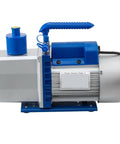 Pro Grade Hvac Vacuum Pump With Dual Mufflers For Whisper Quiet Operation And Slick 304 Stainless Steel Body Built For Hardcore Crews Demanding Rock Solid Performance On Every Job Site; blue and silver two-stage vacuum pump with handle.