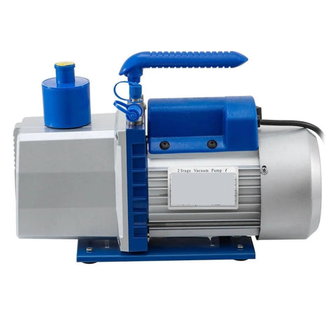 Pro Grade Hvac Vacuum Pump With Dual Mufflers For Whisper Quiet Operation And Slick 304 Stainless Steel Body Built For Hardcore Crews Demanding Rock Solid Performance On Every Job Site; blue and silver two-stage vacuum pump with handle.