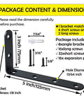Diagram of Heavy Duty Black Steel L Shelf Brackets Set 8 Pieces 5x3 Inch with dimensions and included screws and expansion pipes.