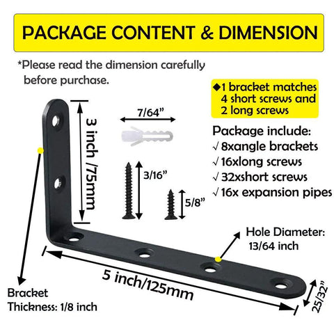 Diagram of Heavy Duty Black Steel L Shelf Brackets Set 8 Pieces 5x3 Inch with dimensions and included screws and expansion pipes.