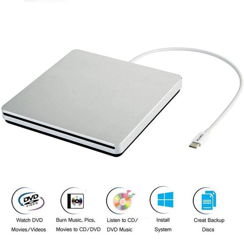 USB-C External DVD CD Drive Reader And Burner For MacBook Air Pro iMac Mini And Windows Laptops Plug And Play No Driver Install No Software Install Anti Shock Low Power Ultra Portable Silver, slim silver metal case