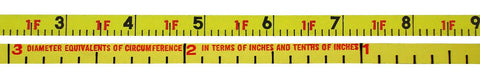 Close-up of Three Eighths Inch By One Hundred Foot Auto Rewind Tape Measure With Nylon Coated Blade Double Sided 10ths And Diameter Readouts
