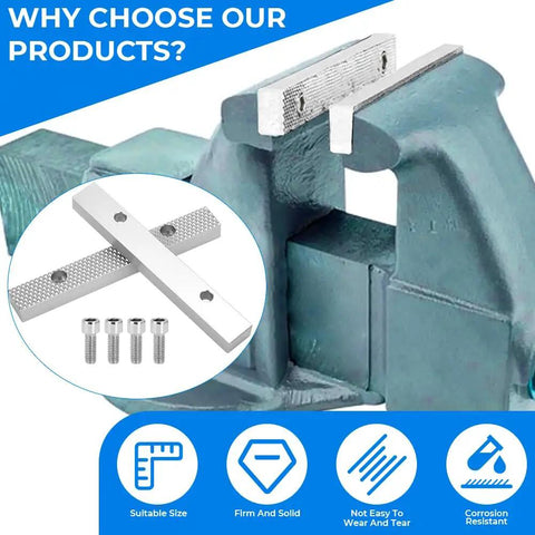 Shop Floor Approved Aluminum Vise Jaws With Offset Build Designed To Hold Firm At 5 1/2 Inches Wide And 3 Inch Center Spacing displayed on a workshop vise