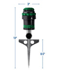 Six Spray Patterns Gear Drive Sprinkler On Metal T Spike For Customizable Lawn Watering Coverage with dimensions shown