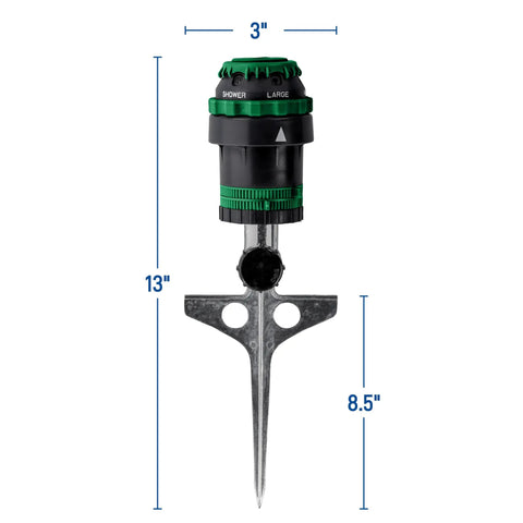 Six Spray Patterns Gear Drive Sprinkler On Metal T Spike For Customizable Lawn Watering Coverage with dimensions shown