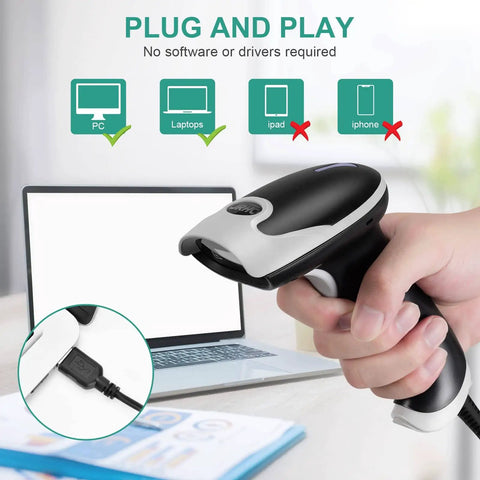 No-Fuss Handheld USB Barcode Scanner, Wired Plug And Play, 1D 2D QR PDF417 Data Matrix Reader shown with USB connection and PC.