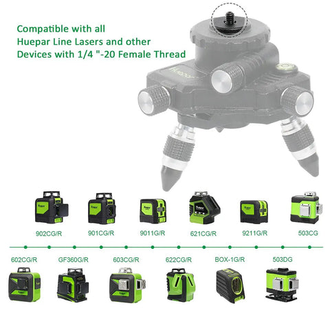 Heavy Duty Pro Grade Metal 360 Degree Rotating Base for Laser Level Tripod Connector with One Quarter Inch Threaded Mount and Built In Horizontal Bubble Micro Adjust Fine Turning Pivot AT2 by Huepar displayed with compatible laser level models.