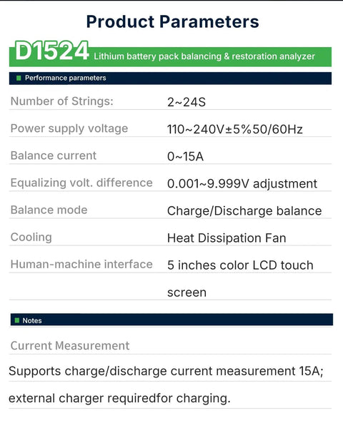 Product parameters for Battery Balancer 15A 24S Passive Equalizer With Pulse Discharge And Charge, Ultra Precise Balancing